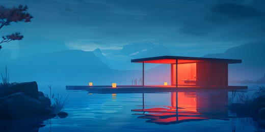 夜晚湖边极简主义现代建筑