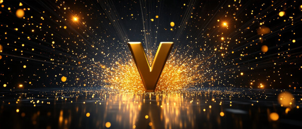 黑暗中闪耀金色光芒粒子的字母V特写