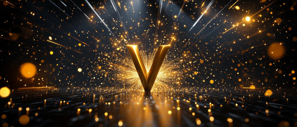 黑暗中闪耀金色光芒粒子的字母V特写