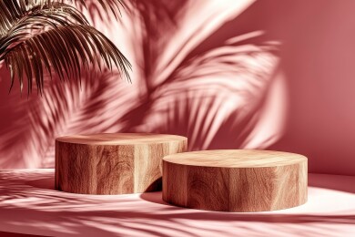 粉色背景上的木质展示台