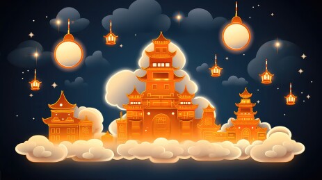 金碧辉煌的宫殿夜景灯笼点缀