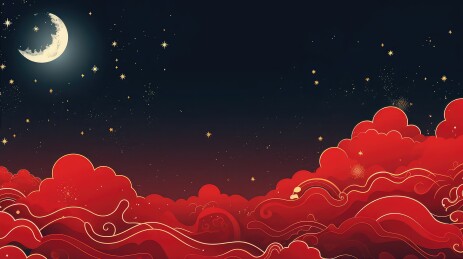 夜空下的红云与明月