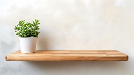 白色墙壁上的木质层架和绿色植物