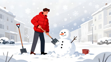 红羽绒服男子铲雪堆雪人雪景