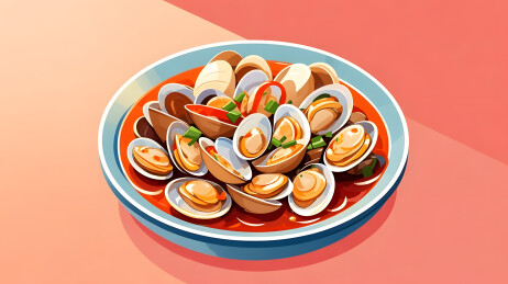 香辣蛤蜊配青葱盛于彩盘中