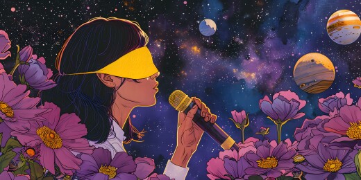 在花丛中唱歌的蒙眼女子