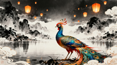 彩凤栖水畔夜灯映山川