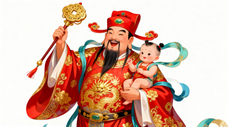 财神怀抱婴儿寓意吉祥