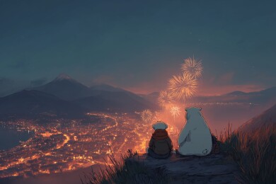 小动物看烟花秀卡通插画
