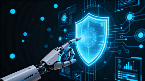 机械手触碰蓝色科技盾牌