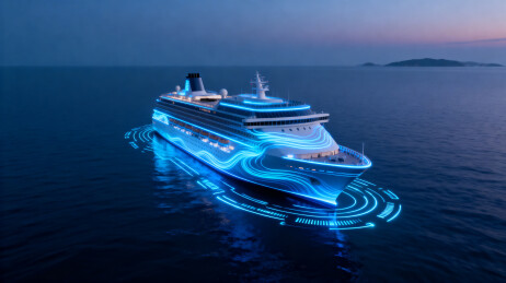 夜幕邮轮航行海面