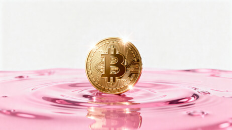 金色比特币置于粉色水面