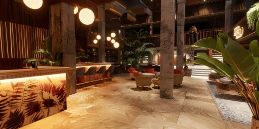 热带植物装饰的豪华酒店大堂室内设计