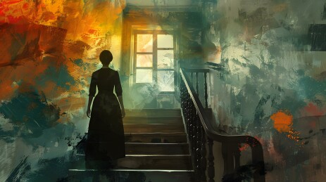 一个女人站在楼梯上，她的周围是抽象的油画