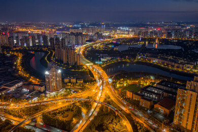 航拍湖南长沙南二环罗家嘴立交桥与洋湖夜景