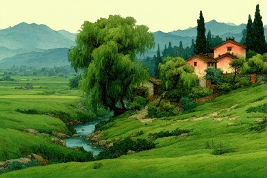 绿野溪畔农舍与远山的宁静田园风光