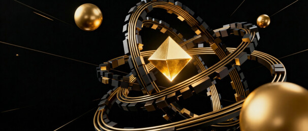 金色几何结构环绕发光金字塔