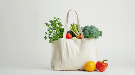 白色墙壁背景下防止的一袋水果蔬菜