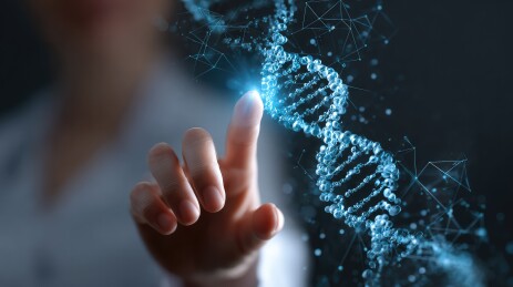 指尖触碰全息 DNA 双螺旋生物科技图