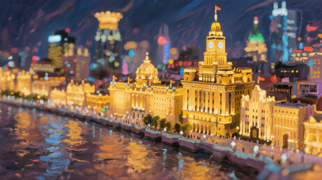 油画艺术风格上海外滩夜景