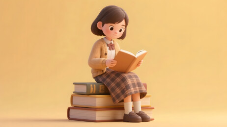 文静女学生坐书堆专注阅读