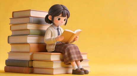 文静女学生坐书堆专注阅读