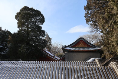 北京初雪后颐和园南湖岛上古建筑的屋檐雪景