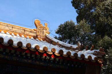北京初雪后颐和园南湖岛上古建筑的屋檐雪景