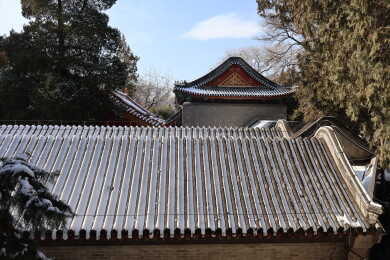 北京初雪后颐和园南湖岛上古建筑的屋檐雪景