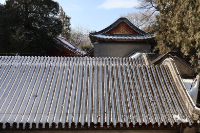 北京初雪后颐和园南湖岛上古建筑的屋檐雪景
