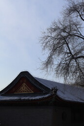 北京初雪后颐和园南湖岛上古建筑的屋檐雪景