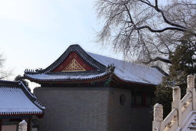 北京初雪后颐和园南湖岛上古建筑的屋檐雪景