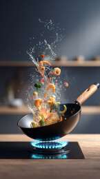 炒锅烹饪食材飞溅美食场景