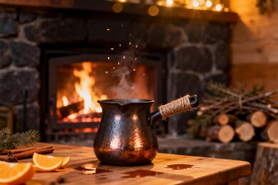 壁炉旁热饮散发蒸汽