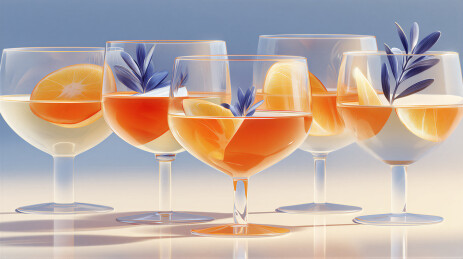 五款装饰有橙片与蓝叶的饮品杯