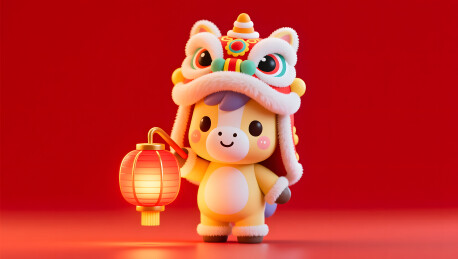 舞狮帽小马公仔提灯洋溢节庆温暖