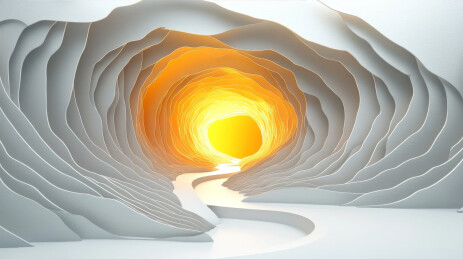 渐变发光核心的白色纸雕层次洞穴背景