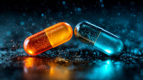 科技感红蓝对比胶囊药丸医疗创意背景