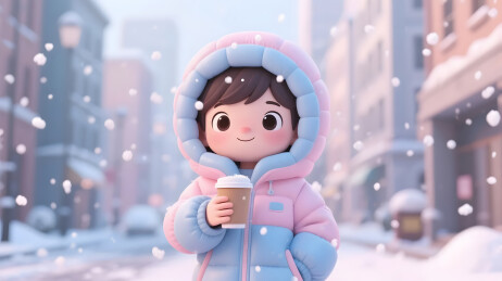 冬日街头可爱人物捧着热咖啡漫步雪中