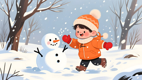 橙衣儿童在雪地与雪人共度冬日童趣时光