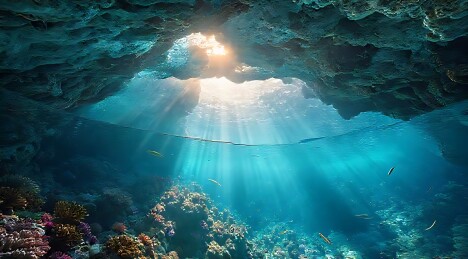 阳光穿透水下的洞穴，照亮了五彩斑斓的海底世界