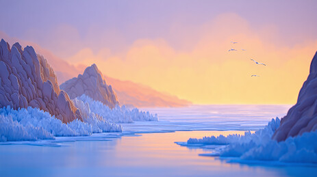 极地冰雪世界夕阳风景