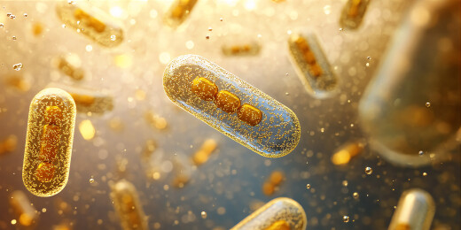 空中漂浮的金色药丸胶囊背景