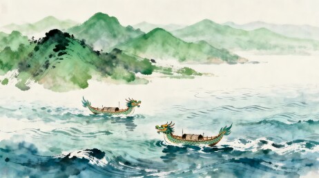 水墨画龙舟竞渡山水图
