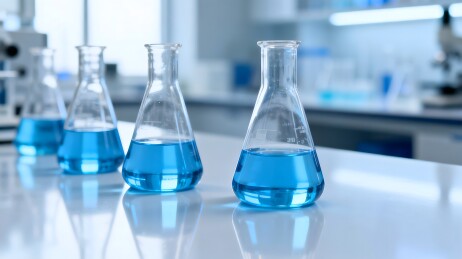 实验室蓝色液体烧瓶特写