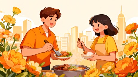 情侣户外用餐花丛环绕