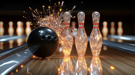 黑色保龄球撞击破碎水晶球瓶瞬间图