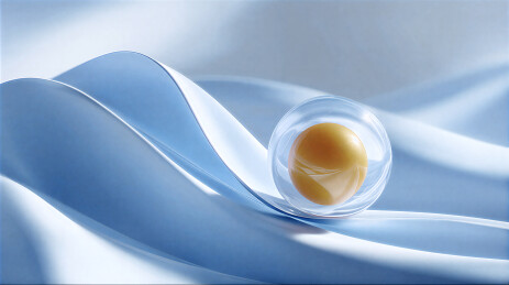 玻璃球内的蛋黄置于蓝色丝绸之上