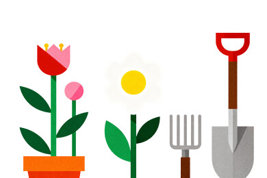 园艺工具与花卉插画