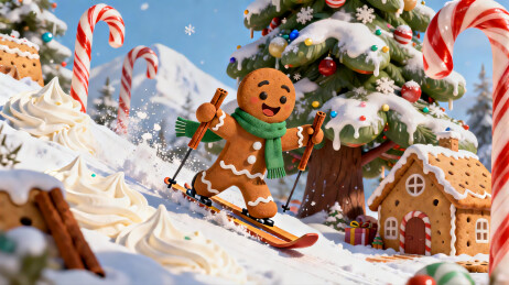 姜饼人雪地滑雪欢乐场景